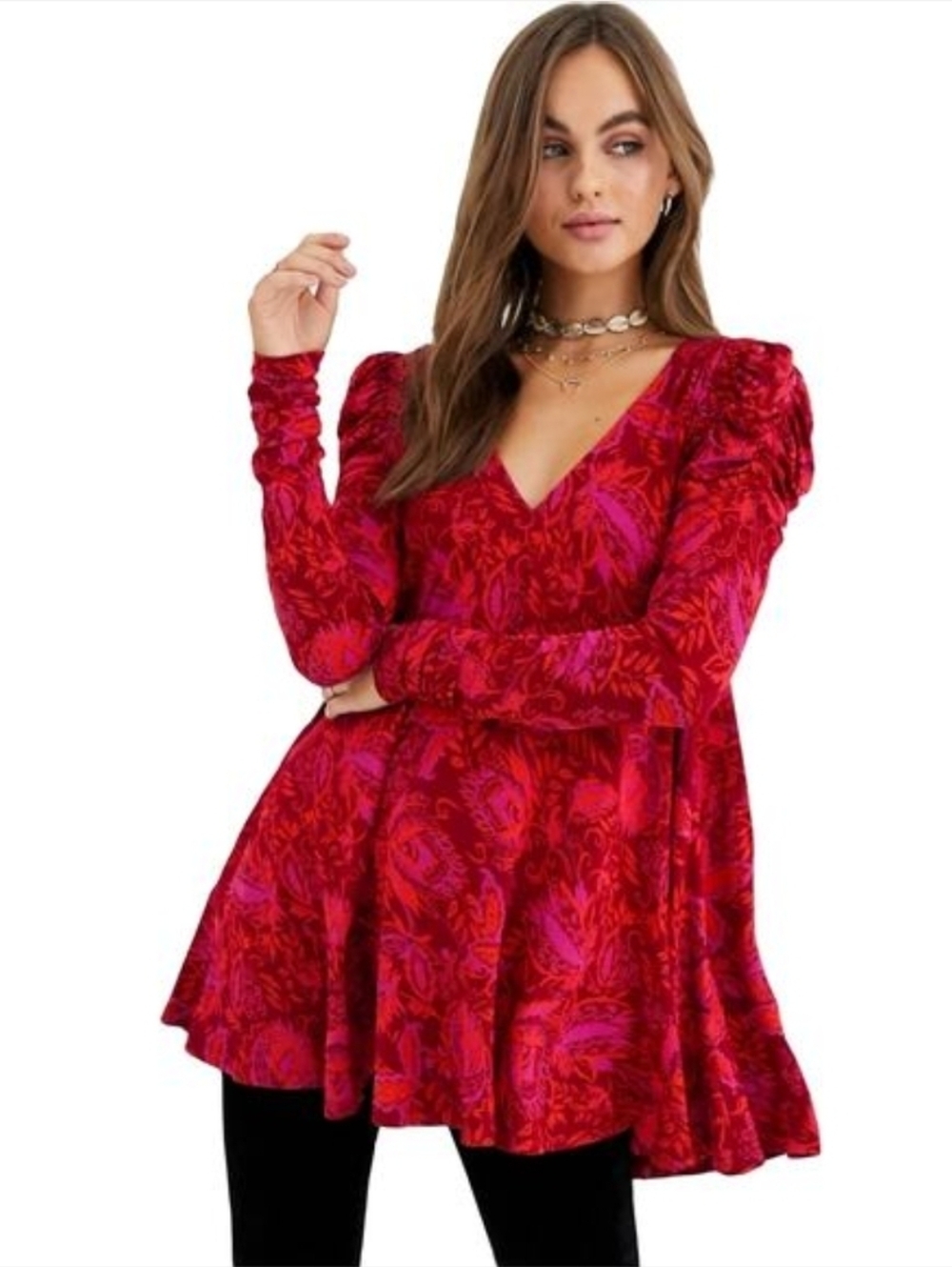 Free People Hello Lover Tunic Top Ruched Puff Long Sleece V Neck Floral